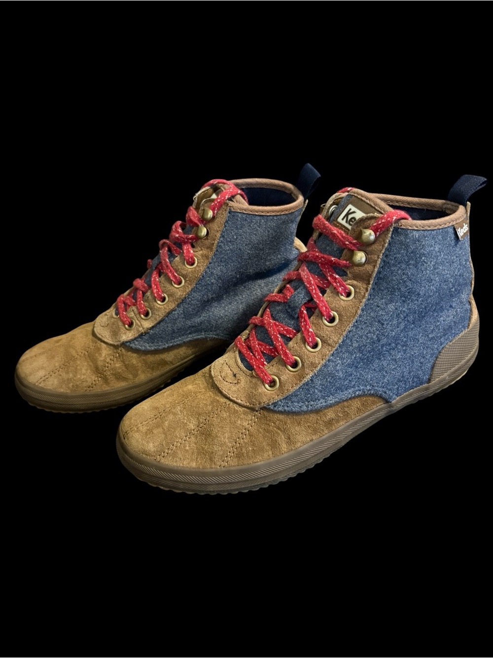 Keds Brown Suede & Blue Wool High-Top Sneakers with Red Laces